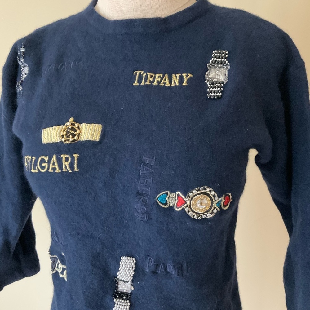 VTG Di Bari Wool Navy Designer Embroidered Accents Sweater - Picture 2 of 11